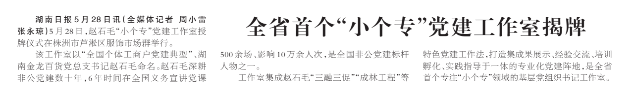 《全省首个“小个专”党建工作室揭牌》湖南日报版面裁图放大图