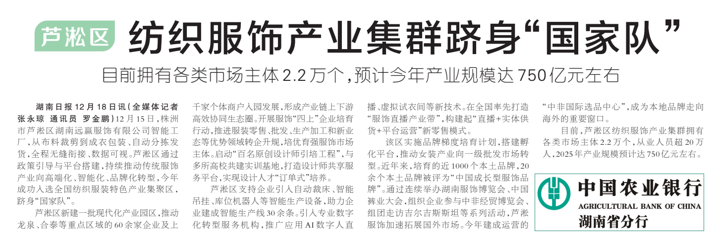 《芦淞区 纺织服饰产业集群跻身“国家队”》湖南日报版面裁图