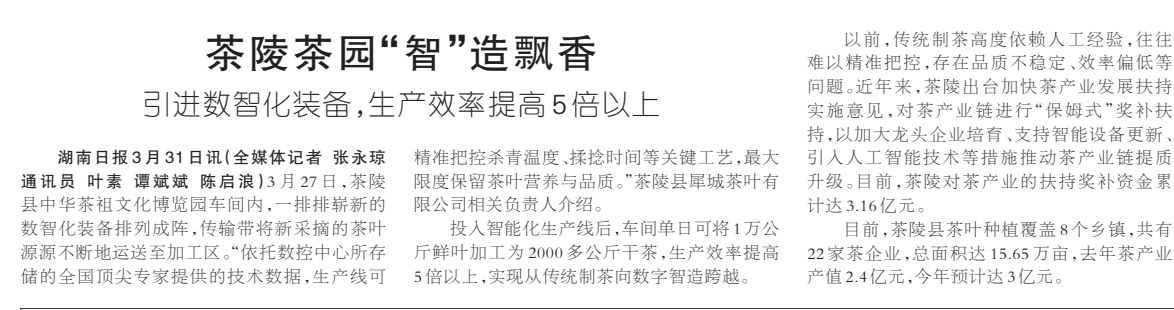 《茶陵茶园“智”造飘香》湖南日报版面裁图